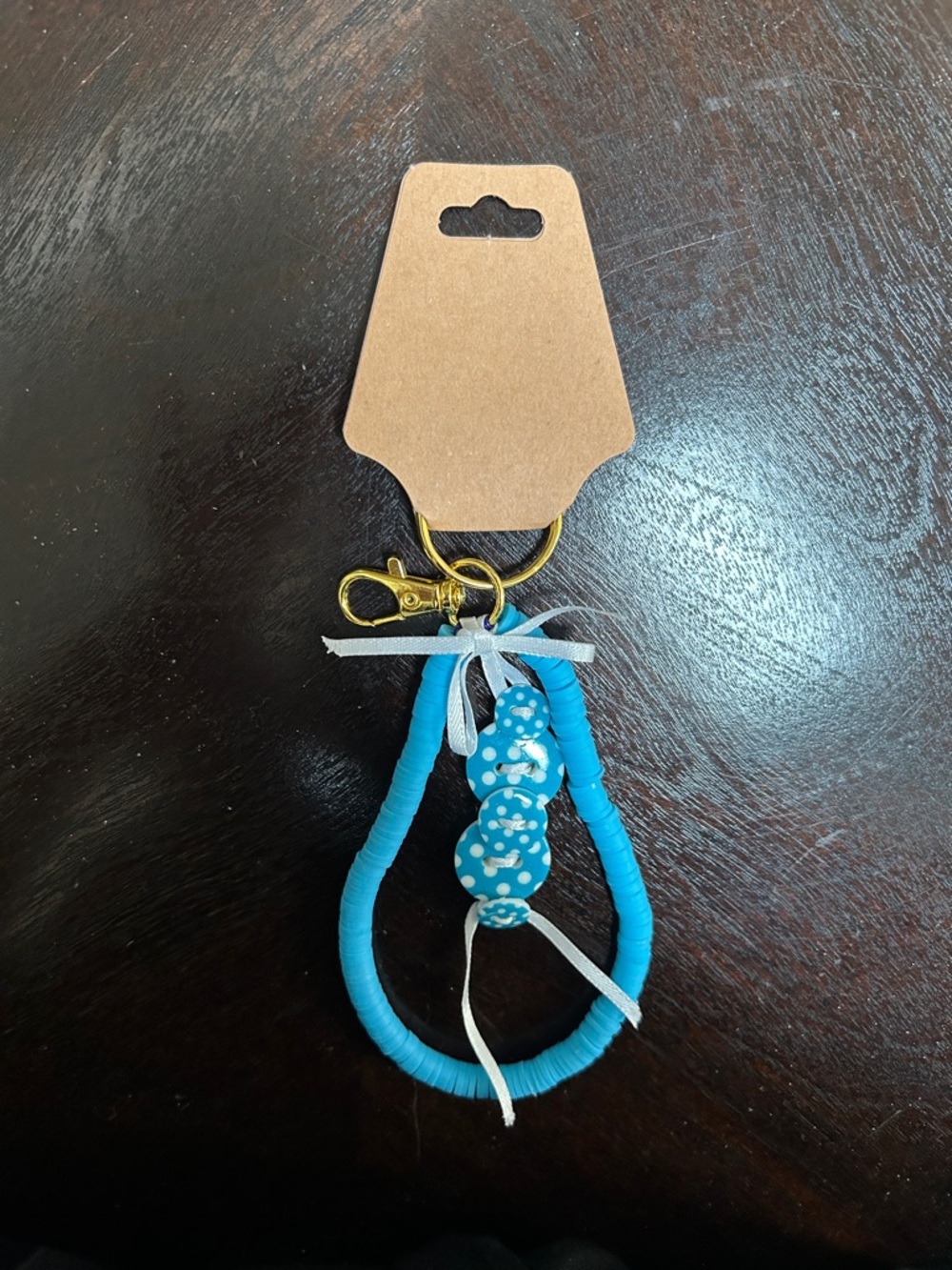 Handmade by my mom! Blue Beaded Loop Keychain with Ribbon Accent